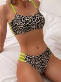 Detail of leopard print bikini with neon green straps and side hollowed-out design - S / Neon Green Leopard