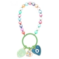 Detailed macro of colorful heart beads keychain with blue evil eye charms and green ring - Green Ring-Blue Evil Eye Heart