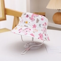 Detailed view of white cotton kids sun hat with pink unicorn prints and adjustable chin strap - White Unicorn
