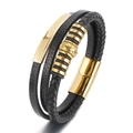 Pulsera multicapa de cuero trenzado negro para hombre con cierre magnético dorado - Dorado