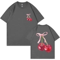 T-shirt en coton gris foncé avec motif cerise et nœud, vues avant et arrière - Gris foncé