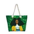Borsa da spiaggia alla moda in corda di cotone con stampa di personaggio femminile colorato - Donna in Cappotto Giallo con Foglie Verdi (jiayingstb42)