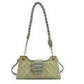 Green quilted baguette bag with woven shoulder strap and vintage metal hardware - Green