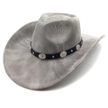 Detail of vintage cowboy hat featuring black leather band and silver metal studs - M (56-58cm) / Striped Grey