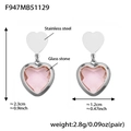 Pink heart-shaped glass stone drop earrings in 18k gold-plated stainless steel - Pink Faceted Stone Steel Earrings (F947)