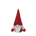 Hanging Christmas gnome ornament with a red felt hat and striped sleeves on white background - Faceless Gnome With Hands / Red