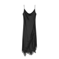 Elegantes schwarzes Satinkleid mit zarter Spitze und asymmetrischem Saum für Damen - XS / Schwarz