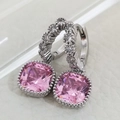 Elegant silver earrings with square-cut pink crystal and micro-pave zircon accents - Square Pink Style (E5610)