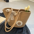 Large hand-woven tote bag in beige with white lace bow and daisy floral accents - Khaki with Flower + Scarf