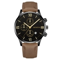 Men's fashion quartz watch with brown leather strap and black Roman numeral dial - Black Dial Gold Hands Black Case Brown Strap