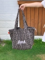 Grey leopard print canvas tote bag with Beach typography and drawstring closure - Grey Leopard