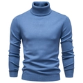 Detail view of the high turtleneck and fine knit texture on a blue men's sweater - Turtleneck Fog Blue