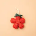 Handmade red wool felt flower Christmas ornament with green bow and golden embroidery - Red Plush Snowflake