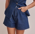 Dunkelblaues Denim-Set für Damen mit ärmelloses Top und High-Waist-Shorts mit Metallknöpfen - S / Unterteile / Dunkelblau