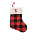Red and black buffalo plaid Christmas stocking with white faux fur trim and embroidered letter X - Letter X