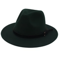 Detail of dark green wool felt fedora featuring black leather band and gold buckle accent - Dark Green