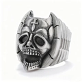 Retro punk skull ring with cross engraving and gothic wing design on a plain background - One Size / Open Skull Ring