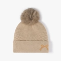 Gorro de punto beige con pompón y bordado de lazo dorado, gorro de invierno cálido mujer - Caqui