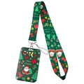 Detail view of green Christmas lanyard and card holder set with festive icons and metal hook - YZ31-105 Forest Green Merry Christmas Set