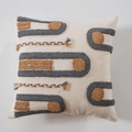 Moroccan tufted boho pillow cover in beige with grey brown cotton tassels and patterns - Style M-Boho Lines Tufted