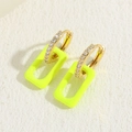 Fashionable gold huggie hoop earrings with neon yellow rectangular resin pendants - Yellow