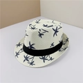 White straw fedora hat with blue coconut palm tree prints and a black decorative band - Palm Tree Milk White
