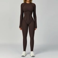 Koffiebruine yoga bodysuit met lange mouwen en decoratieve structurele naden - S / Donkerbruin
