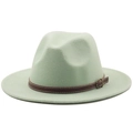 Light green wool fedora hat with a brown leather decorative band and buckle - M (56-58cm) / Creamy White