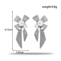 French vintage stainless steel bow earrings with pearls, weight 9.8g and size 4.12x1.91cm - Bowknot Pearl Drop Earrings (ER-1429)