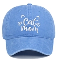 Detailed close-up of blue washed cotton baseball cap with white Cat Mom embroidery - One Size / Light Blue