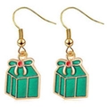 Macro view of Christmas gift box earrings with green enamel and red bow details - Green Gift Box