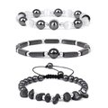 Three-piece stretch bracelet set featuring hematite beads and rectangle natural stones - Three-Piece Set / Black Hematite