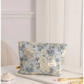 Floral jacquard cosmetic bag in blue and yellow pattern with elegant woven texture - Large / Floral Tile Blue