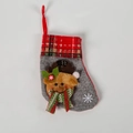 Gray linen Christmas stocking with red plaid cuff and 3D reindeer doll hanging decoration - Reindeer / Gray