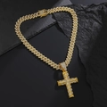Detail of gold Cuban chain and large iced-out cross pendant on textured slate backdrop - Pendant + Cuban Chain [Gold]