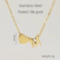 Golden stainless steel heart necklace with letter M pendant and 18k gold plating finish - Letter M