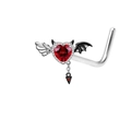 L-shaped silver nose stud with heart-shaped red zircon and devil angel wing charms - Stainless Steel/Zirconia / #3 Red Heart Devil Wings L-shaped Nose Stud