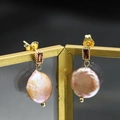 Baroque purple pearl earrings with red zircon in gold plated drop dangle style - Rose Red Pink Purple Studs