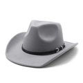 Close-up of grey wool felt cowboy hat with black leather band and silver buckle detail - M (56-58cm) / Gray