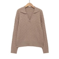 Women's khaki cable-knit polo sweater with V-neck and long sleeves on a wooden hanger - S / Camel