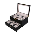 Double-layer black wooden watch box with glass lid and drawer for 20 slots - 20 Slots Dual Layer Black (Beige Interior)