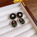 Vintage style gold plated earrings with black bead weave, pearl and red rose pendant - 925 Sterling Silver Pin Pearl Flower Oval Stud Earrings