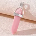 Pink rose quartz hexagonal column pendant with a polished silver metal clasp buckle - Luminous Pink