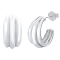 Silver S925 sterling silver C-shaped earrings with triple ribbed croissant style design - White Gold