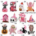 Detailed flat lay of 12 pink Halloween embroidered patches with various festive designs - Pink Halloween Patch Set 12Pcs