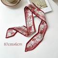Floral print long silk hair scarf ribbon in deep red and beige 87cmx6cm size - Wine Red Leaf 87cmx6cm
