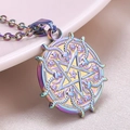 Macro shot of iridescent goat head pentagram pendant with 18k gold gradient plating - Necklace / Rainbow