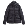 Fashionable black quilted hooded puffer jacket with a zipper closure and side flap pockets - XS / Black