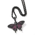 Hip hop mini butterfly necklace pendant with pink purple gems and black rope chain - Black-Rose Red Butterfly + Twist Chain