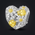S925 sterling silver heart charm with white daisies and golden ladybugs jewelry - Daisy Ladybug Heart Two-Tone Style